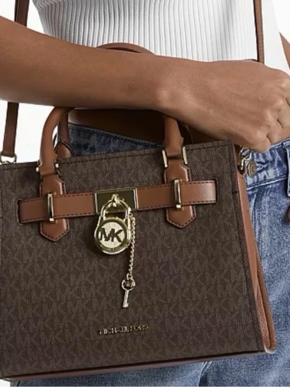 Michael Kors Brown Signature Logo Satchel with Gold Hardware